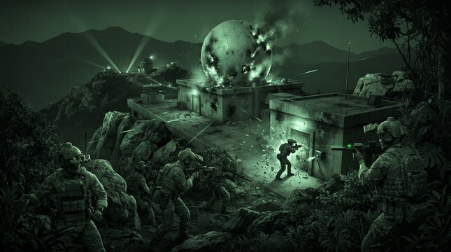 Futuristic Soldier in Alien Battlefield at Night.