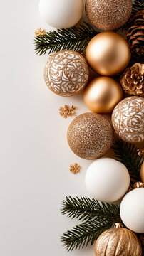 Festive winter background with golden Christmas baubles and elegant white layout