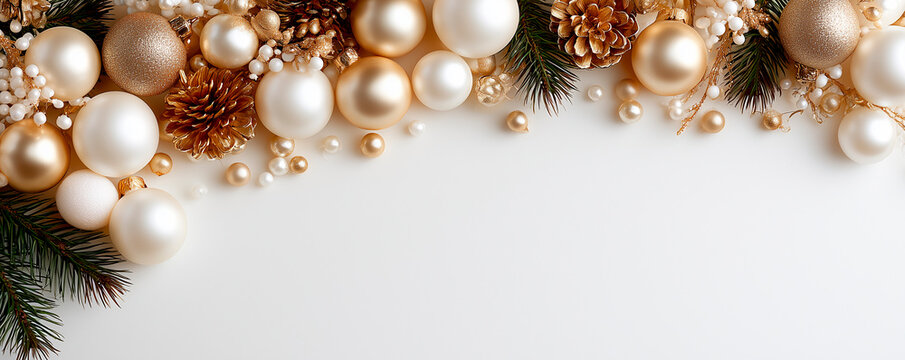 Elegant Christmas background with white and gold decorations and copy space