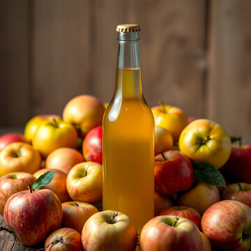 Glass bottle of golden apple cider surrounded by fresh red and yellow apples on a rustic wooden surface, Set on a rustic wooden surface, evoking a sense of harvest and natural goodness