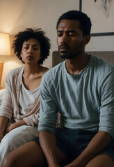 Obraz premium Unhappy young adult couple sitting on a bed, relationship problems and emotional distance, communication breakdown and conflict