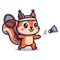 Cute squirrel playing badminton with a racket and shuttlecock