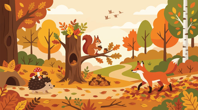 Charming autumn forest landscape with cute woodland animals like fox squirrel and hedgehog