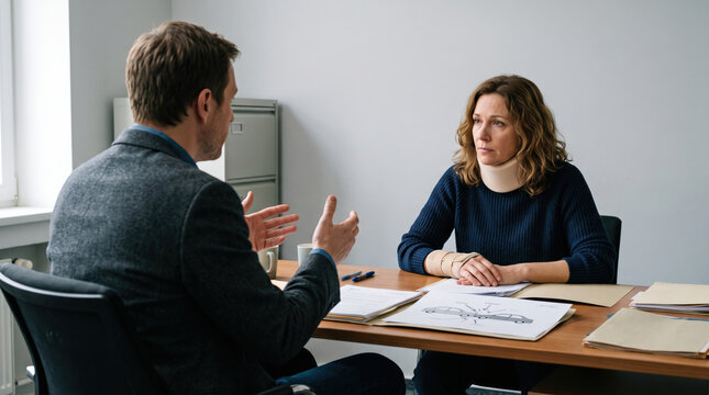 Injured woman in neck brace splint meeting with a lawyer. Personal injury claim consultation in an office. Car accident insurance settlement discussion with attorney