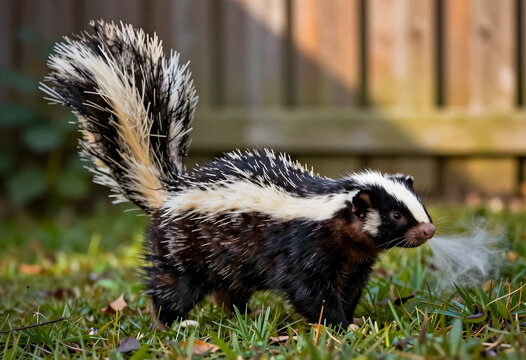 Striped skunk with a raised tail and white spray, wildlife in natural habitat, animal defense mechanism