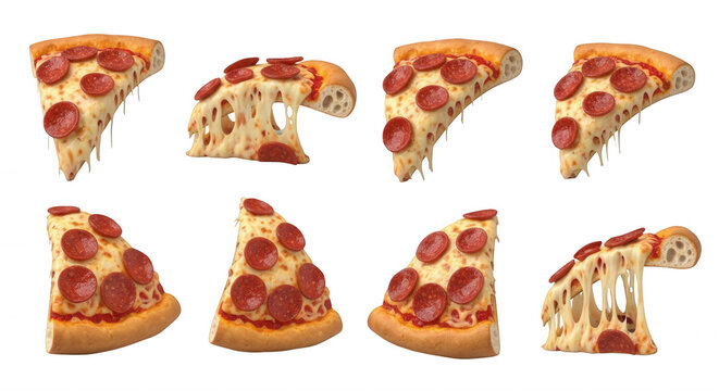 eight slices of pepperoni pizza on a white background highlighting cheese pull and individual pieces food related projects