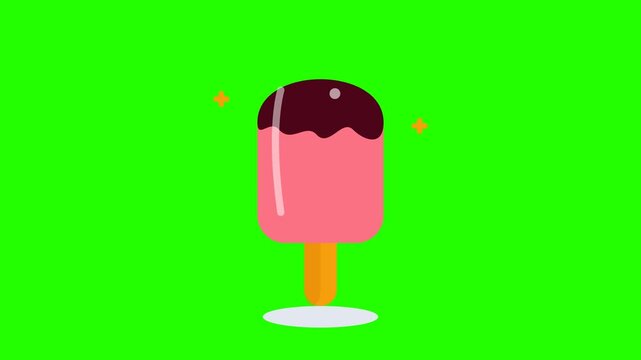 Animated pink strawberry popsicle with chocolate coating motion vector isolated on green screen