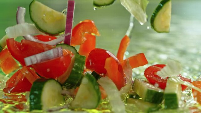 Super Slow Motion Shot of Salad Vegetable Falling into Water and Making Splash at 1000fps.