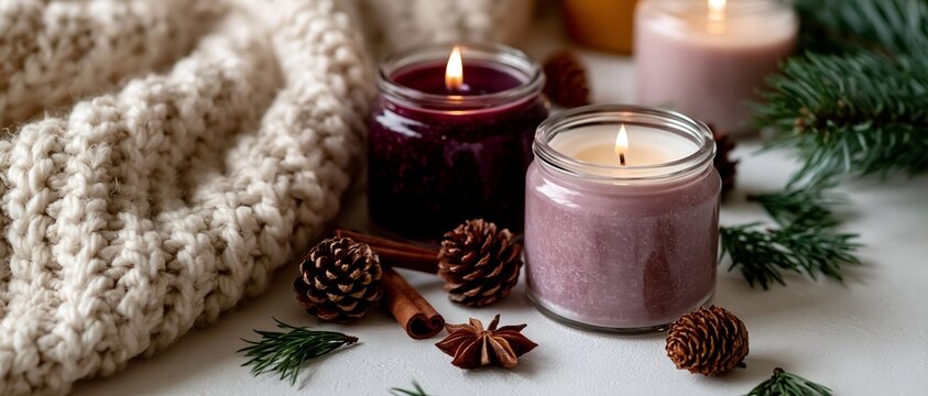 Winter cozy setup featuring lit candles