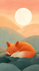Obraz premium Orange fox curled up on mountain slopes during sunset