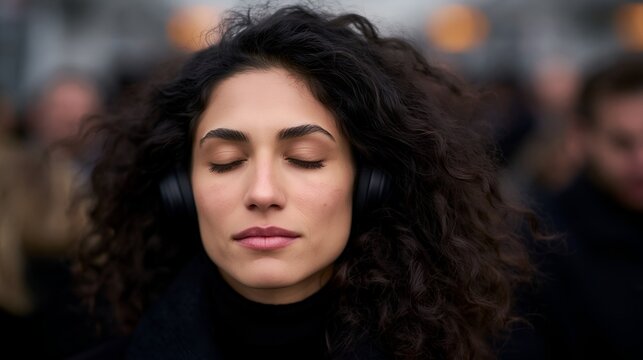 Young woman listens intently, eyes shut, in busy public space