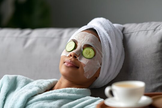 Relaxed woman with cucumber slices on eyes