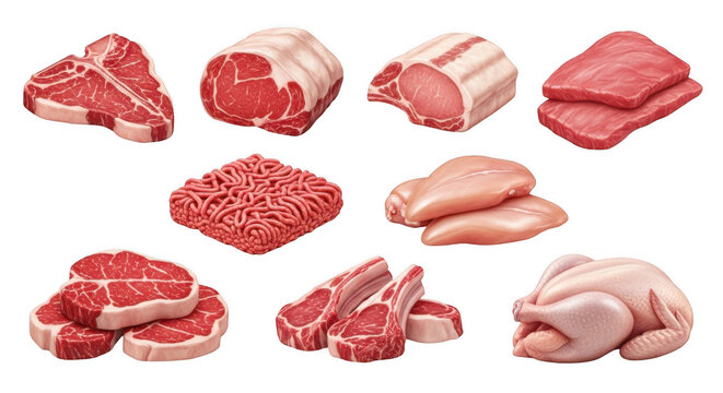 assorted cuts of raw meat presented on a white surface culinary or butcher shop usage isolated presentation