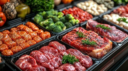 Fototapeta premium Assortment of raw meats and colorful vegetables arranged in separate black plastic trays