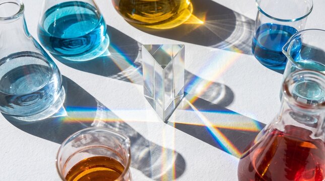 Glass prism refracts light creating rainbow spectrum over colorful liquids in laboratory beakers 