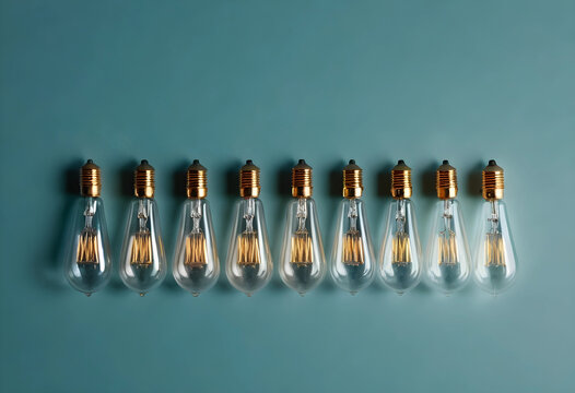 Row of nine vintage edison light bulbs with clear glass and golden bases on a teal background, creativity and innovation