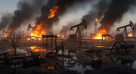 Fototapeta premium Oil field with multiple pumpjacks on fire, emitting thick black smoke into the sky during dusk.