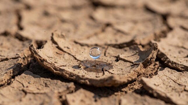Water droplet falling onto cracked dry earth symbolizing drought and scarcity