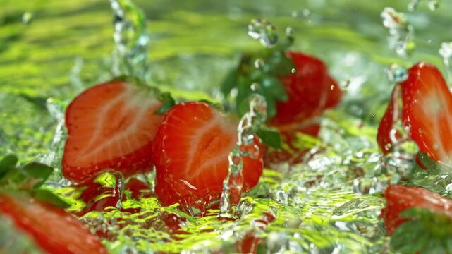 Super Slow Motion Shot of Fresh Strawberries Falling into Water and Making Splash at 1000fps.