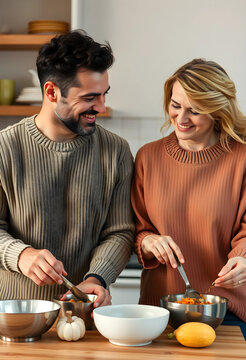 Happy couple cooking together in a modern kitchen, preparing a healthy meal with fresh ingredients and smiling, the man and woman are smiling and interacting while using bowls and utensils