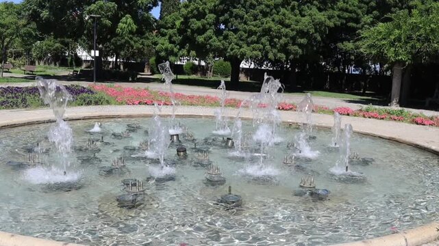 Repuxo castelo branco with multiple water fountains and lush greenery in a public park with fountain featuring multiple, surrounded trees flowers, video showcases scenic