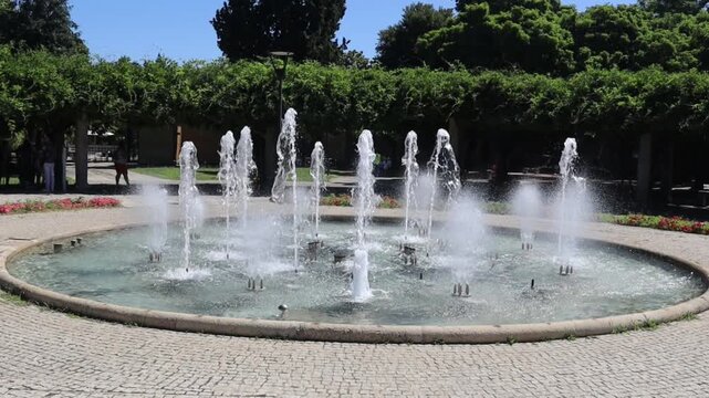Repuxo castelo branco fountain with multiple water jets in a sunny park setting with surrounded lush greenery clear blue sky capturing lively outdoor scene showcases vibrant fountain