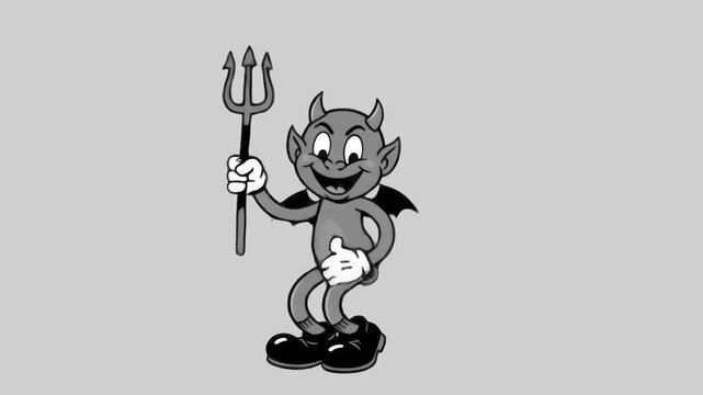 A black and white 1930s rubber hose style retro cartoon devil character holding a trident pitchfork dancing cheerfully isolated on a smooth grey background. Great for classic monochromatic animations,