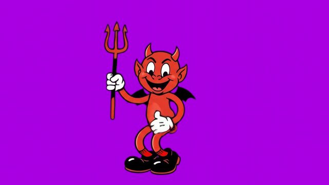 A happy 1930s rubber hose style retro cartoon red devil character holding a pitchfork trident dancing joyfully on a vibrant purple background. Ideal for Halloween promos, mischievous character animati