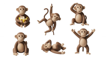 Fototapeta premium adorable 3d cartoon monkeys in various poses on a bright white backdrop educational content or playful design projects