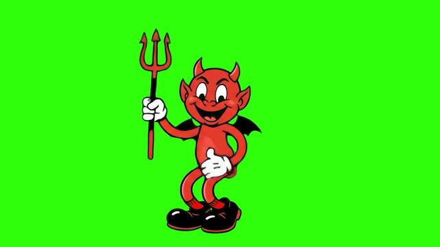 A classic 1930s rubber hose cartoon mascot of a mischievous red devil holding a pitchfork and dancing, isolated on a solid green chroma key background. Excellent for keyable Halloween video overlays, 
