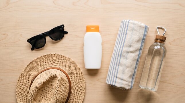 Summer vacation essentials including hat sunglasses sunscreen towel and water bottle 