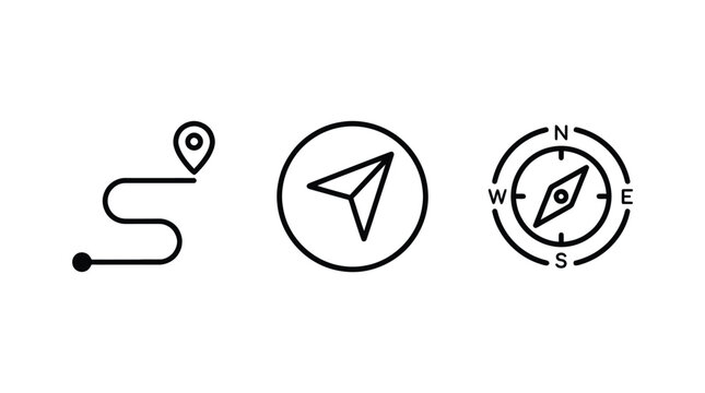 Linear Vector Set of Navigation Route and Compass Icons Representing Travel Direction and Location Concepts