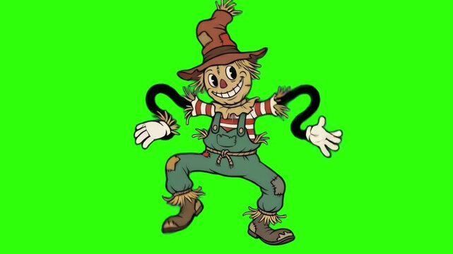 A retro 1930s rubber hose cartoon mascot of a friendly scarecrow wearing overalls and a hat dancing joyfully, isolated on a solid green chroma key background. Excellent for keyable autumn video overla