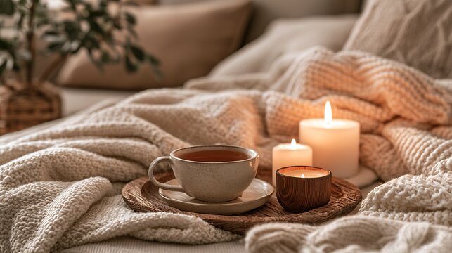 Cozy neutral living room scene with ceramic mug of hot tea, lit candles and chunky knit blanket