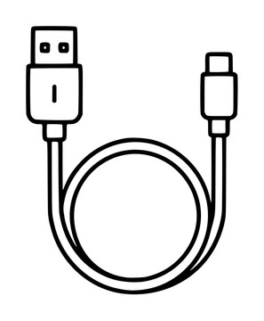 Hand-drawn vector icon of a USB charging cable neatly coiled into a circular loop, featuring a standard USB-A connector on one end and a smaller device connector on the other, rendered in clean line