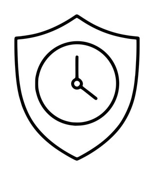 Hand-traced vector icon illustration of a protective shield enclosing a minimalist analog clock face, symbolizing time security and data protection in monochrome line art style