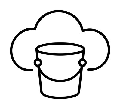 Minimalist hand drawn vector line icon of a milk pail bucket resting beneath a fluffy cloud, simple farm dairy illustration in black outline