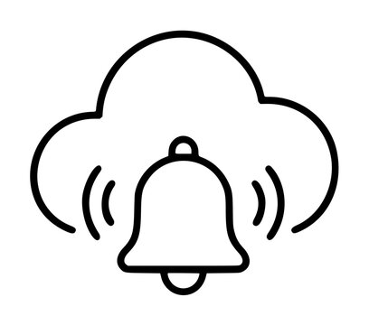 Hand-drawn vector icon illustration of a ringing notification bell with sound waves, set inside a fluffy cloud outline, representing cloud-based alerts and digital reminders in minimalist black line