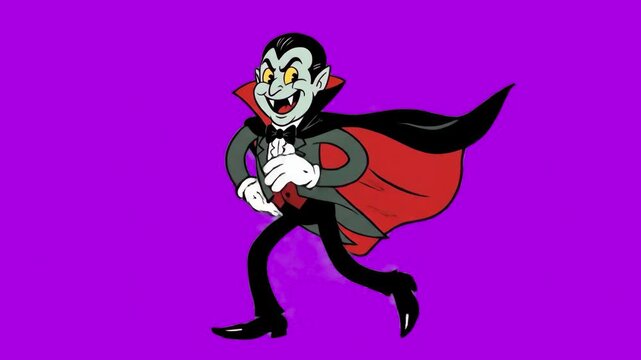 A classic 1930s rubber hose style cartoon Dracula vampire mascot in a flowing red-lined cape dancing happily against a vibrant purple backdrop. Perfect for Halloween video promos, spooky party invitat