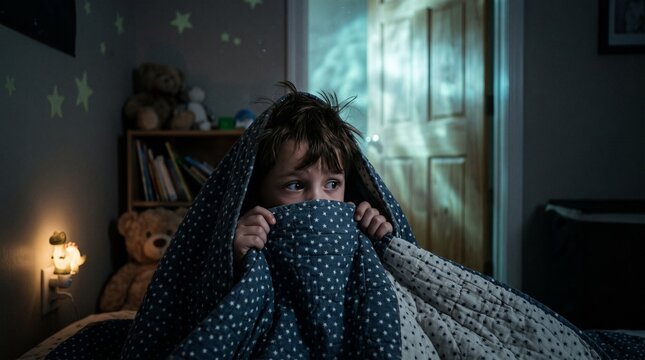 Scared child hiding under blanket in dark bedroom at night 