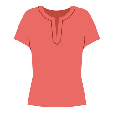Coral split neck short sleeve top with fitted silhouette clean shaping lines, minimal structure. Technical fashion illustration front view in flat color, clean contour, modern clothing template Vector
