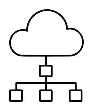Hand-traced vector icon illustration depicting a cloud orchestrator network structure with a cloud shape connected to multiple square nodes through a central junction, simple outline flat design