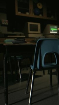 Empty chairs surround a table in a dimly lit classroom. Computers are visible, showing signs of age. The setting feels quiet with no students present after school hours.