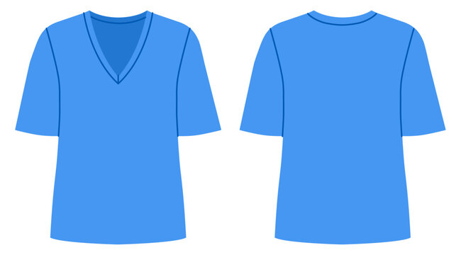 Blue V neck short sleeve t shirt with relaxed silhouette and clean neckline, smooth contour minimal shaping. Technical fashion illustration in flat color, front back views, modern apparel design