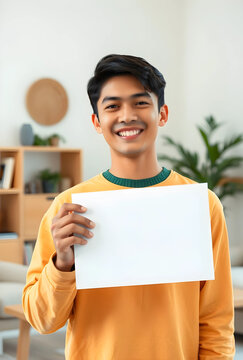 Smiling young asian man holding a blank white paper for copy space, standing in a bright home interior