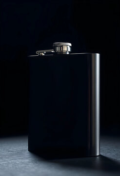 Black stainless steel hip flask with a silver cap, alcohol container for travel and outdoor activities, dark background