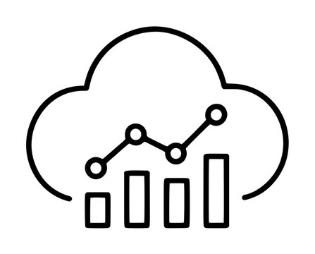 Minimalist hand-drawn vector icon illustration of cloud computing data analytics featuring a fluffy cloud silhouette with an integrated bar chart and ascending line graph network node diagram in