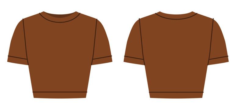 Brown cropped crew neck top with short sleeves and fitted waist. Technical fashion illustration in flat color, front and back views, clean minimal silhouette, modern casual apparel template design.