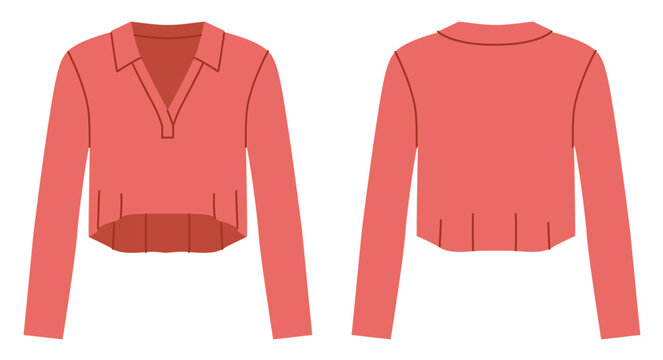 Red cropped polo top with long sleeves and collar neckline. Technical fashion illustration in flat color, front and back views, clean silhouette, modern casual apparel design.
