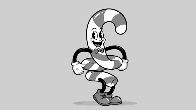 A black-and-white 1930s rubber hose style candy cane mascot wearing a bow tie dancing merrily against a solid grey studio backdrop. Ideal for vintage Christmas promos, classic holiday animation, and r